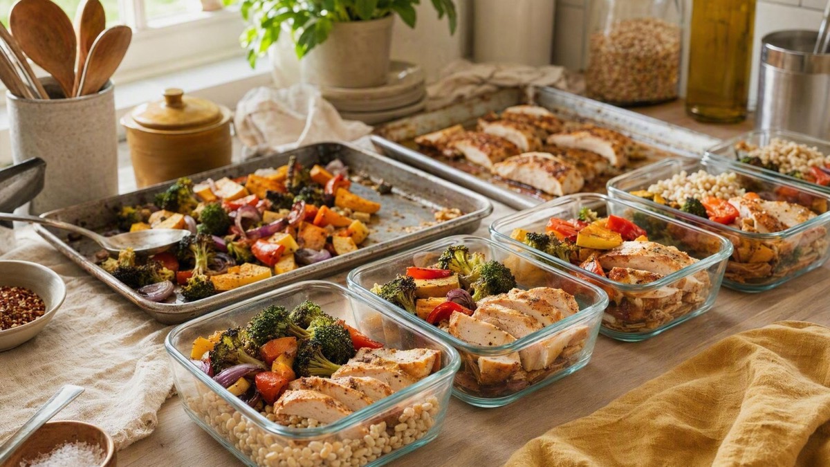 Repas préparés à l'avance avec légumes rôtis et protéines